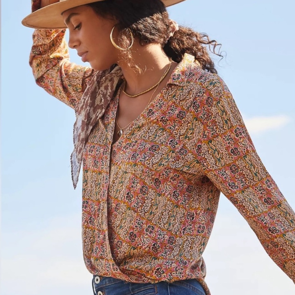 Pilcro Anthropologie Tisha surplice long sleeve printed boho blouse